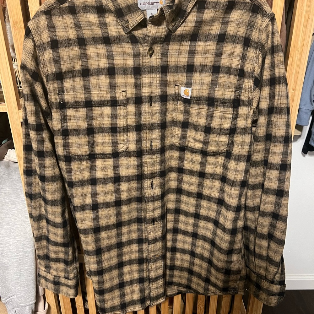 Carhartt Men's Black and Tan Plaid Casual Button Down Shirt